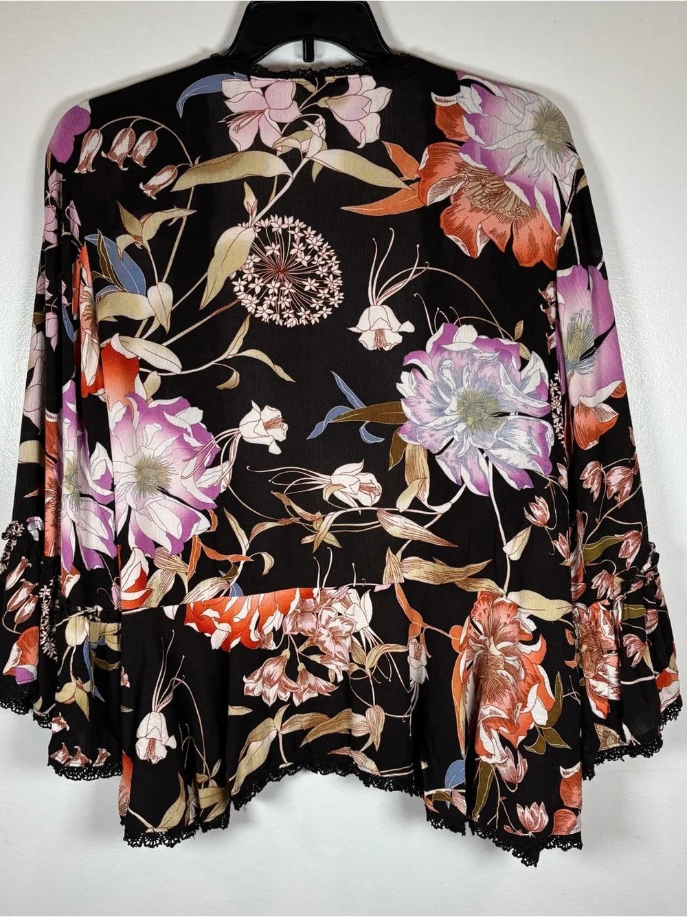 Knox Rose Open Kimono Cardigan Cover Up Sz XL Black Floral Boho 3/4 Bell Sleeve